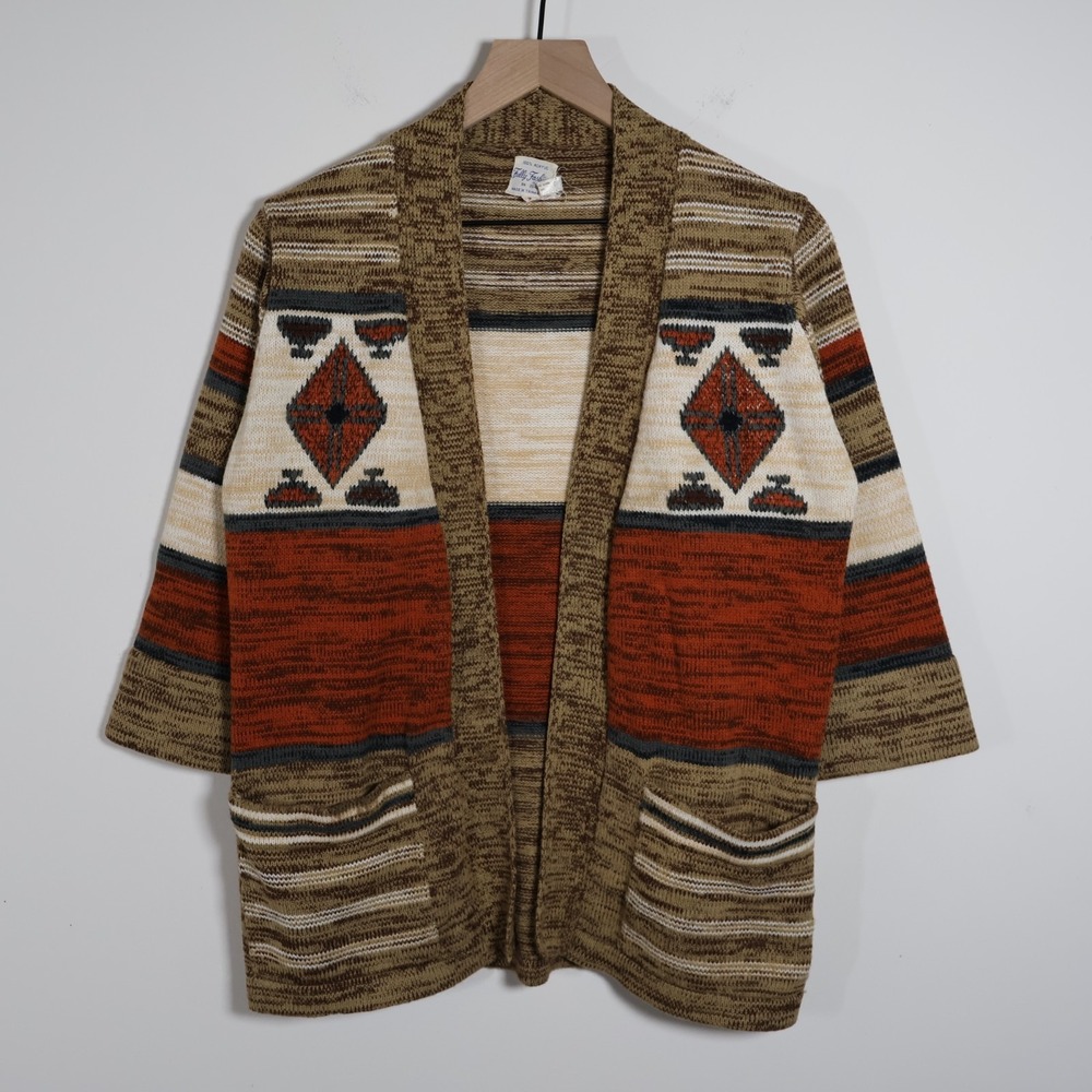 Vintage 70s Women's Fully Fashioned Space Dye Bell Sleeve Cardigan Sweater Small